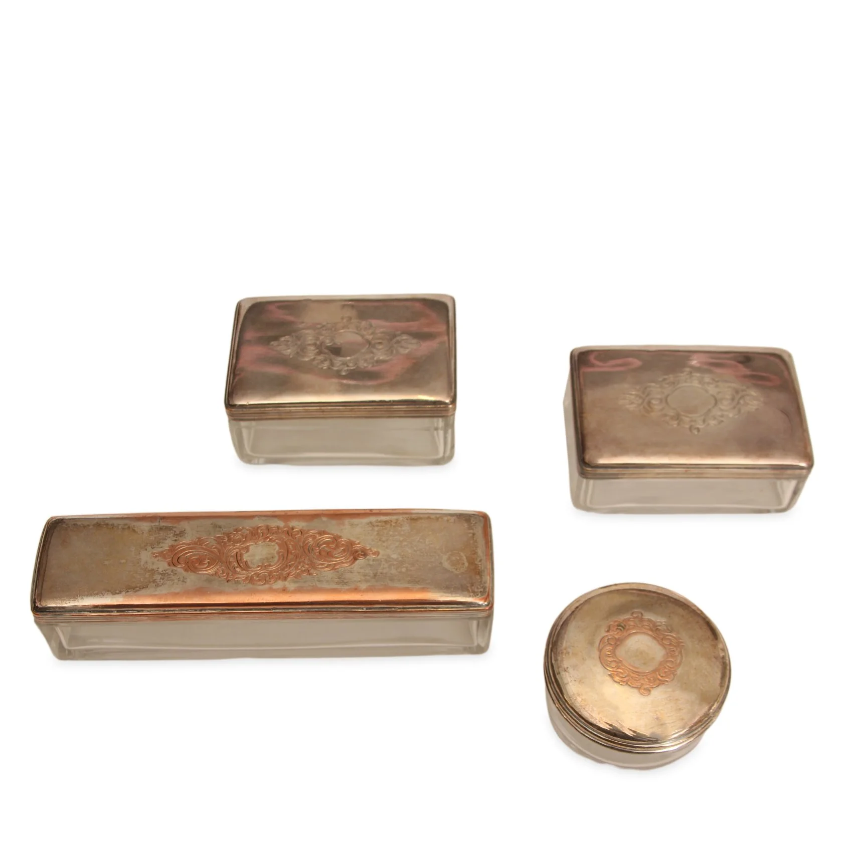 Antique English Victorian Etched Silver Box, Set of 4