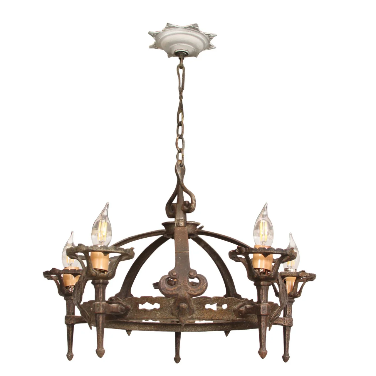 Antique French Hand-Forged Wrought Iron 5 Light Arms Chandelier C1920s - Image 4