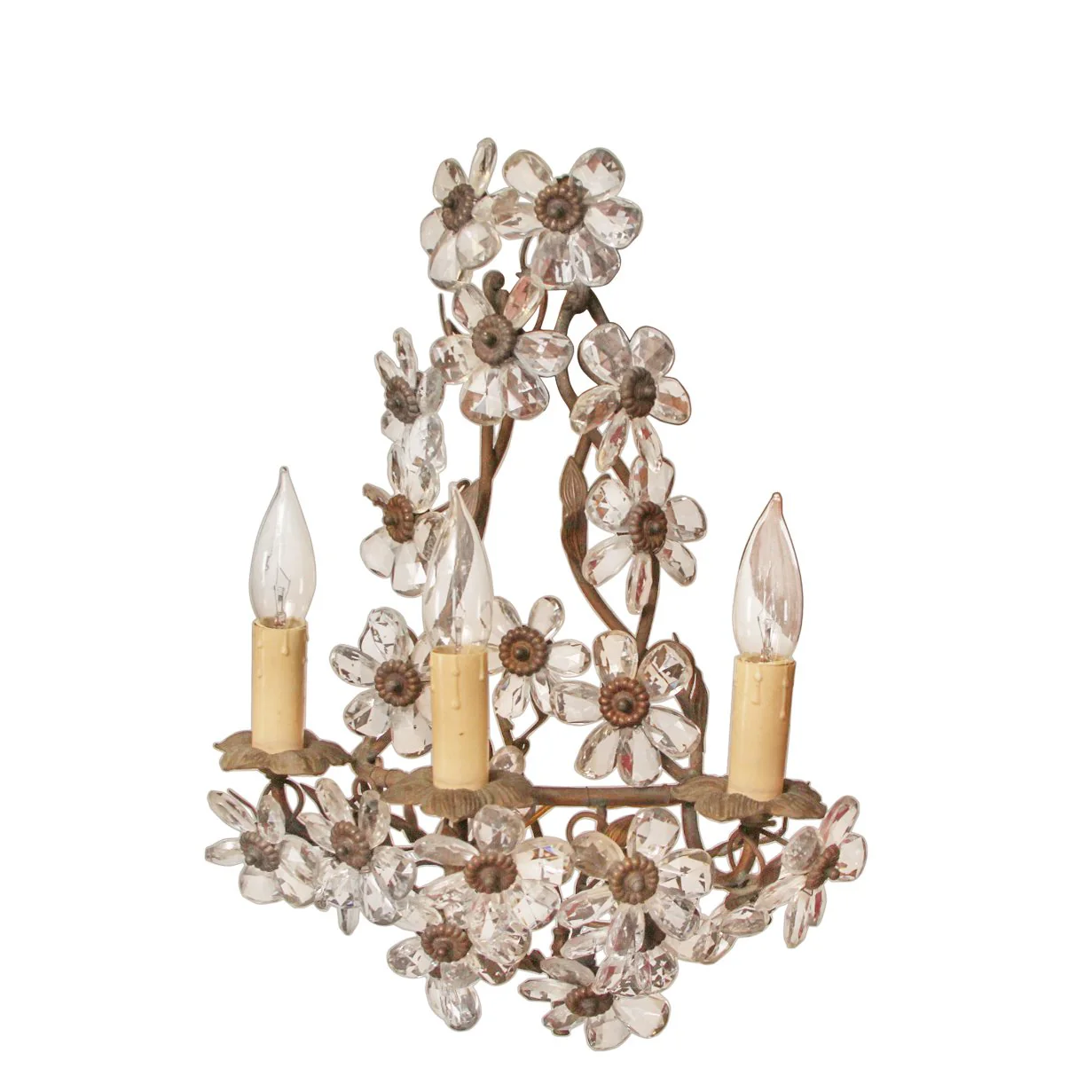 Pair of Antique Maison Baguès Wrought Iron with Crystal Flower Sconces C1920s - Image 4