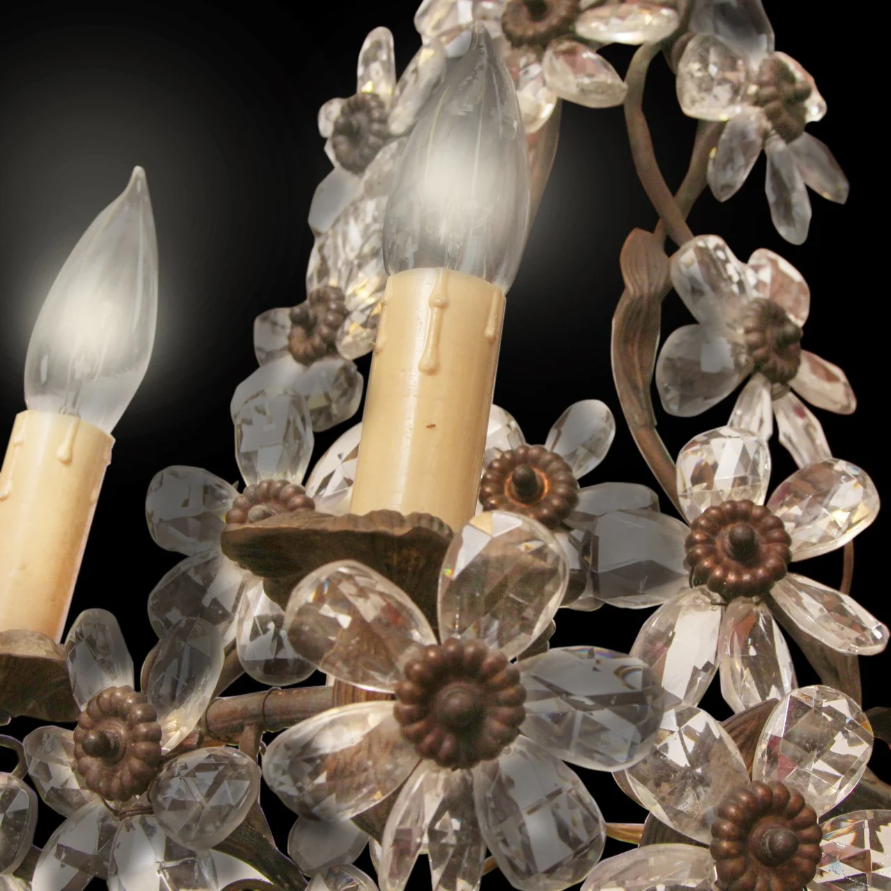 Pair of Antique Maison Baguès Wrought Iron with Crystal Flower Sconces C1920s - Image 5