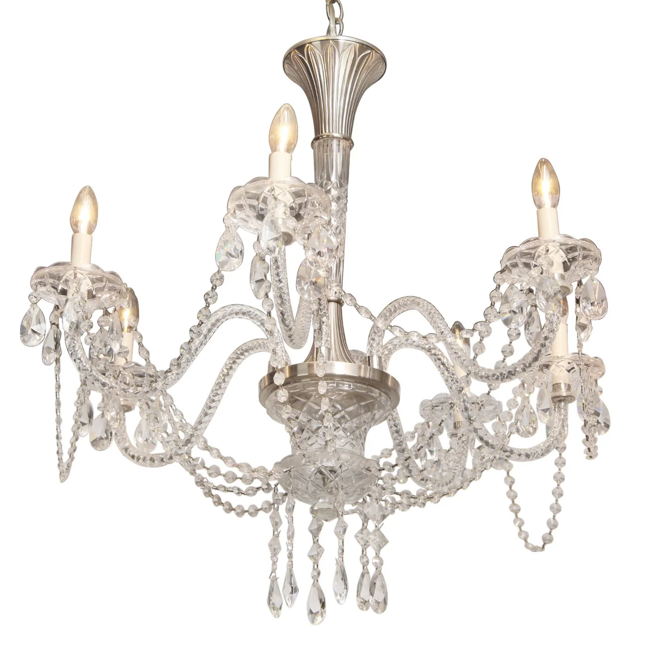 Vintage Art Deco Maria Theresa Style Cut Prism Rosettes 6 Arm Chandelier C1990s (2 Available) - Image 3