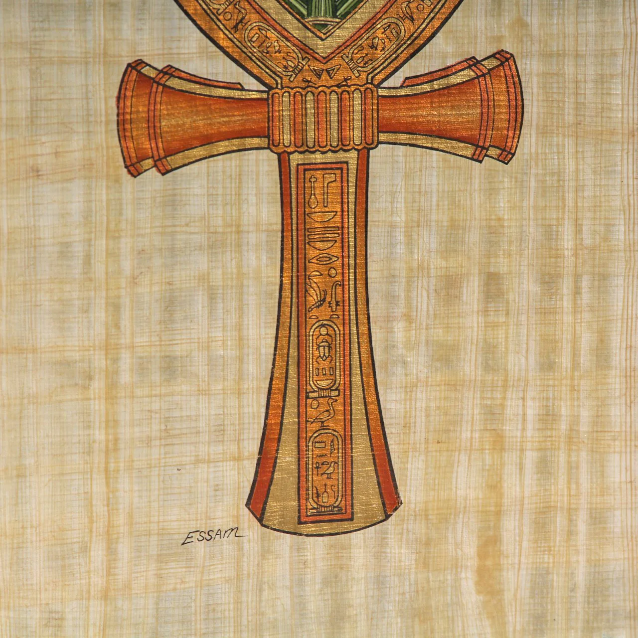 Vintage Egyptian Hieroglyphic Ankh Symbol Artwork on Sheer Linen by Essam - Image 5