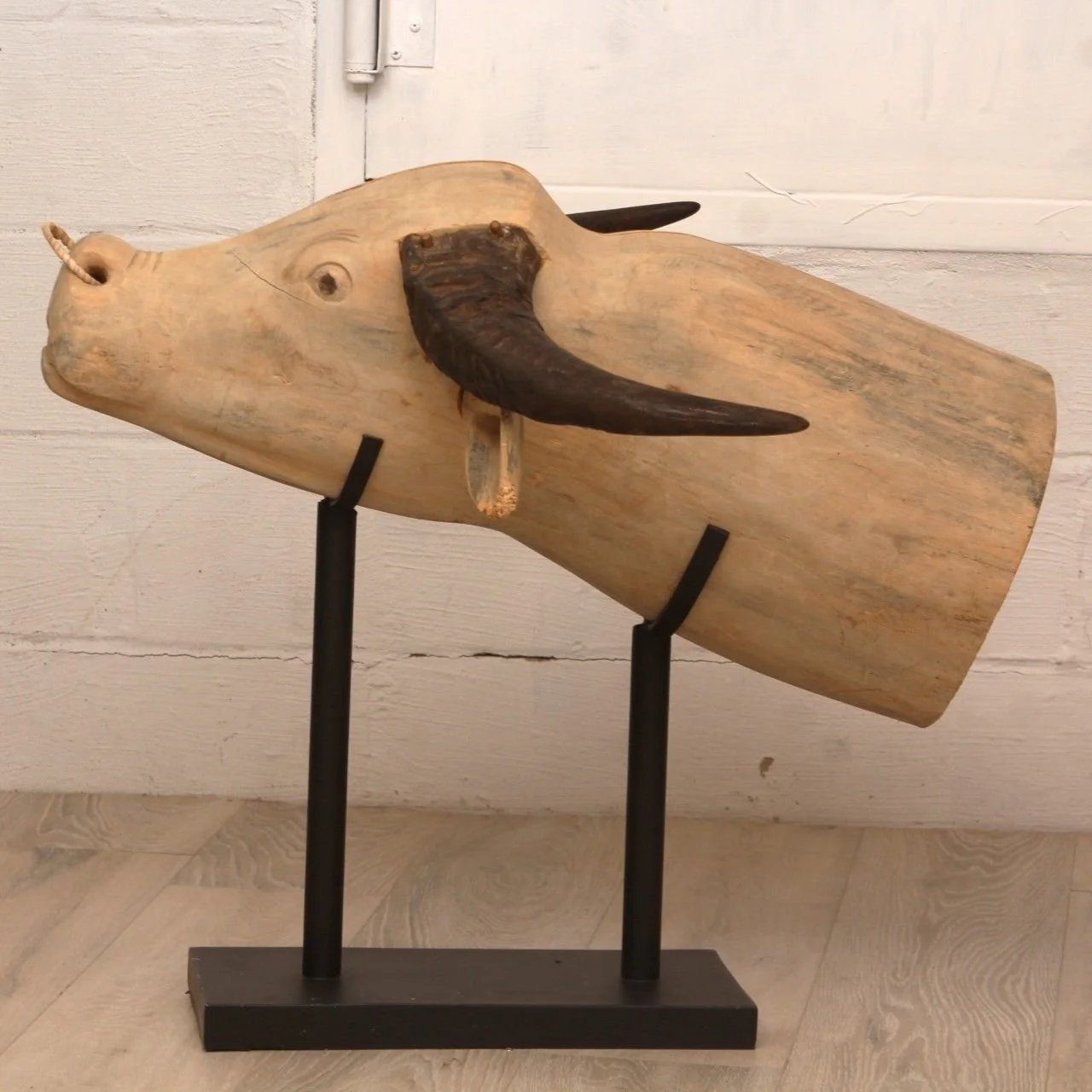Vintage Hand Carved Water Buffalo Head Sculpture - Image 3
