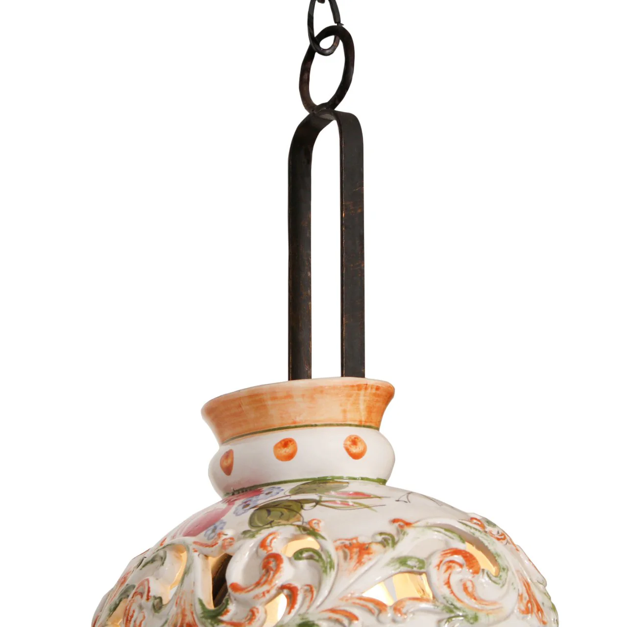 Vintage Italian Wrought Iron & Ceramic Pottery Pendant Light - Image 3