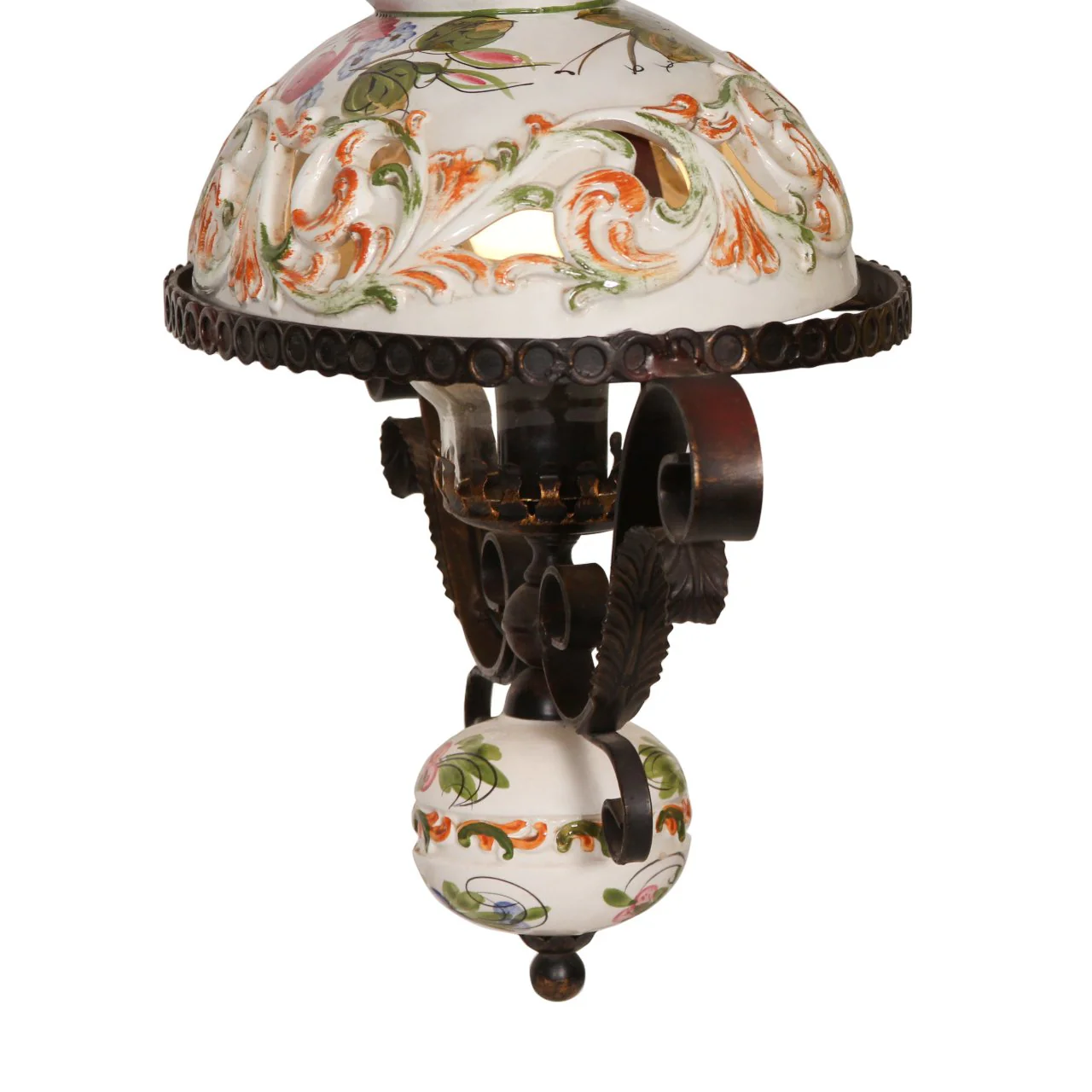 Vintage Italian Wrought Iron & Ceramic Pottery Pendant Light - Image 4