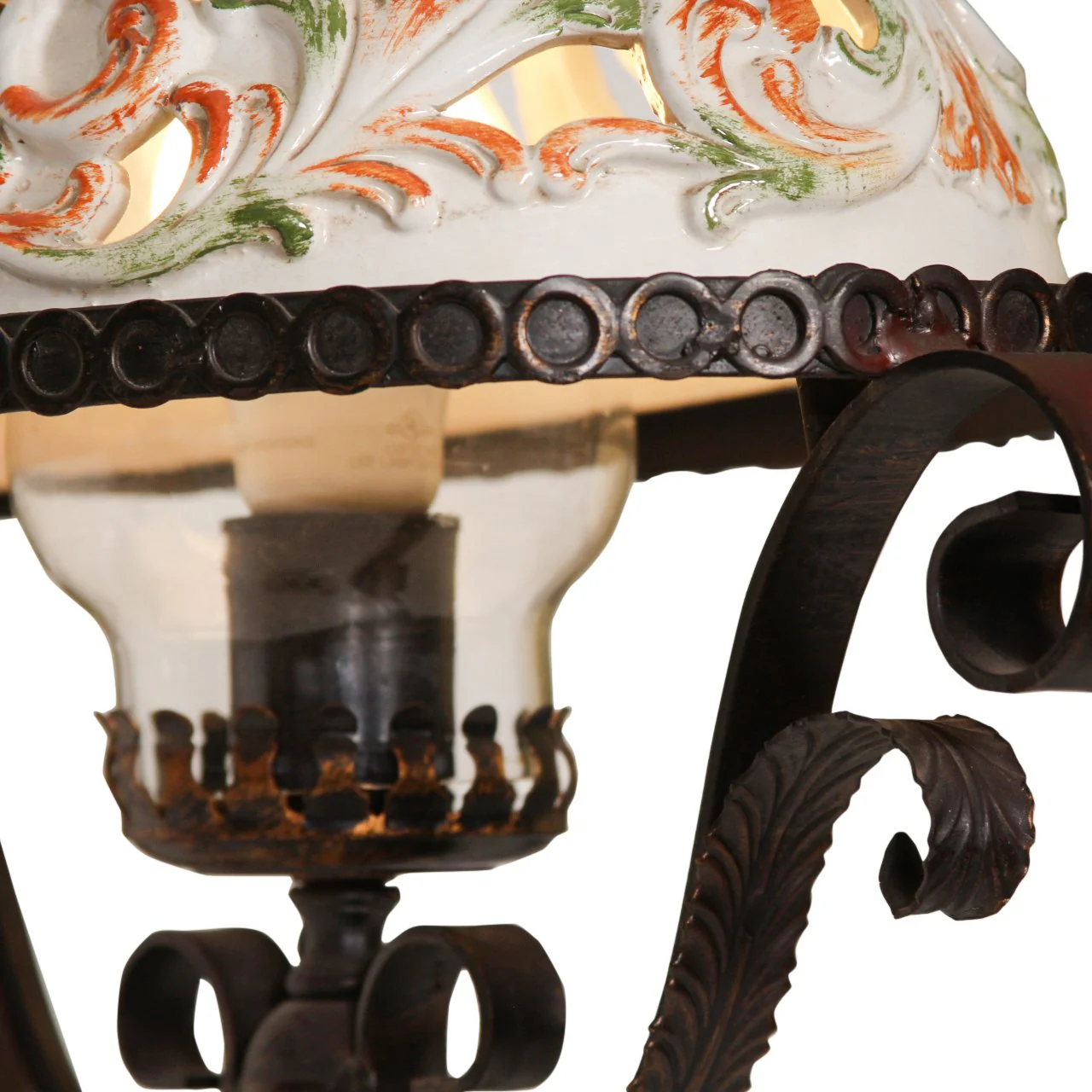 Vintage Italian Wrought Iron & Ceramic Pottery Pendant Light - Image 5