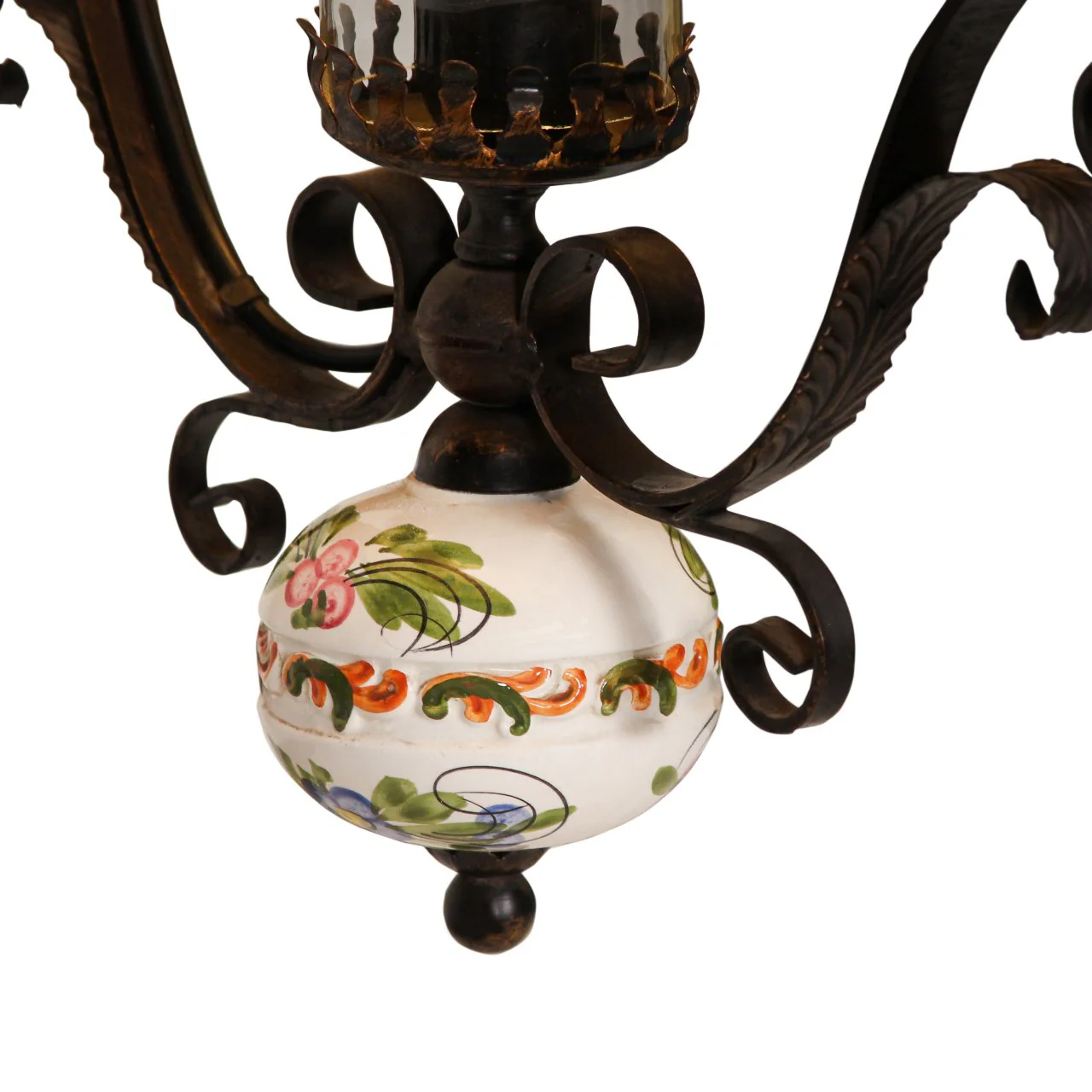 Vintage Italian Wrought Iron & Ceramic Pottery Pendant Light - Image 6