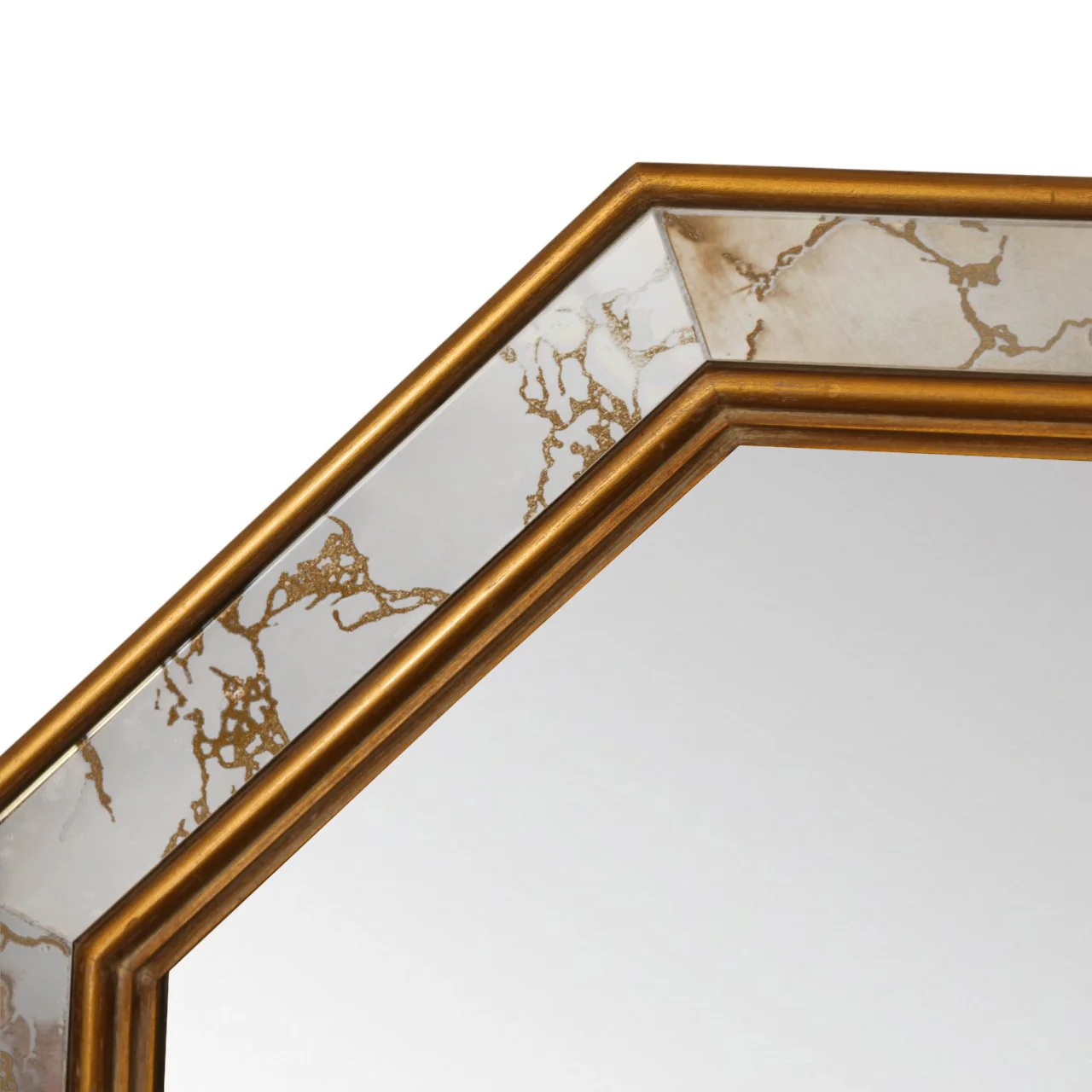 Vintage Mid-Century French Giltwood, Antiqued Beveled Glass Octagonal Overlay Wall Mirror and Hanging Console - Image 3