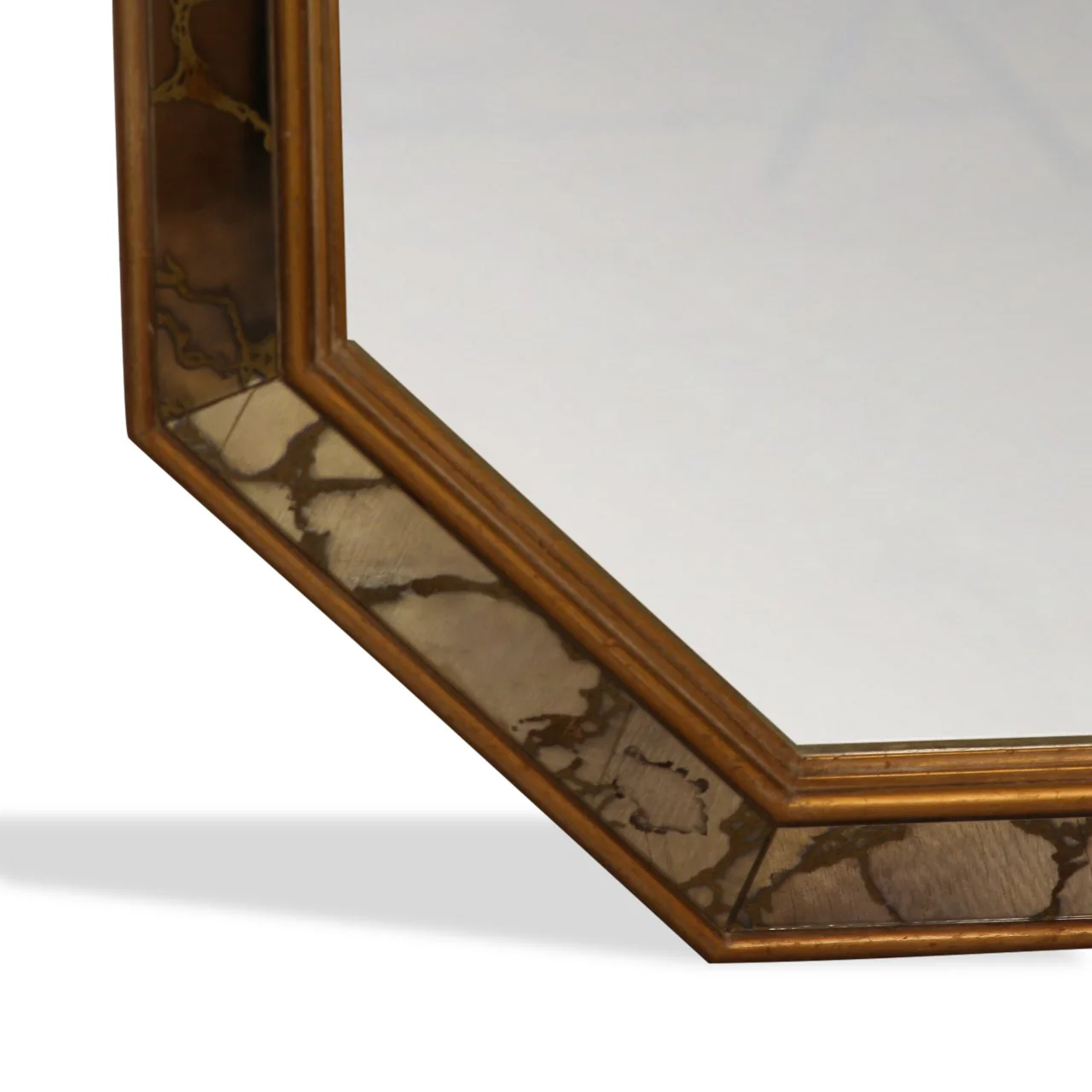 Vintage Mid-Century French Giltwood, Antiqued Beveled Glass Octagonal Overlay Wall Mirror and Hanging Console - Image 4
