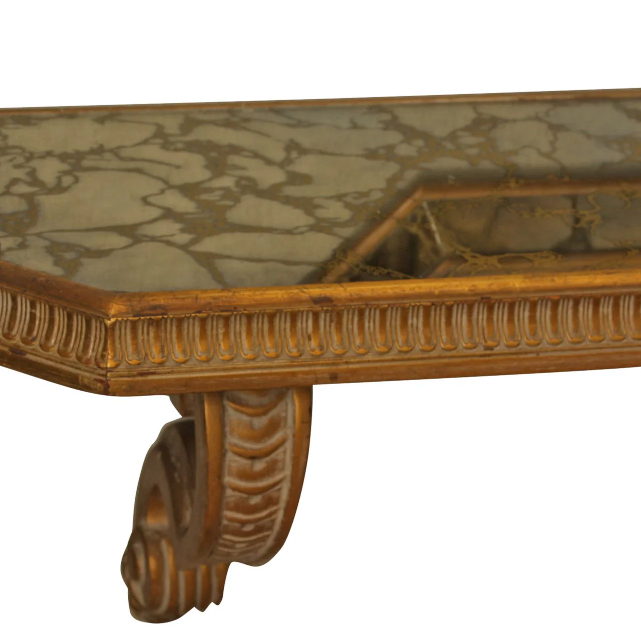 Vintage Mid-Century French Giltwood, Antiqued Beveled Glass Octagonal Overlay Wall Mirror and Hanging Console - Image 5