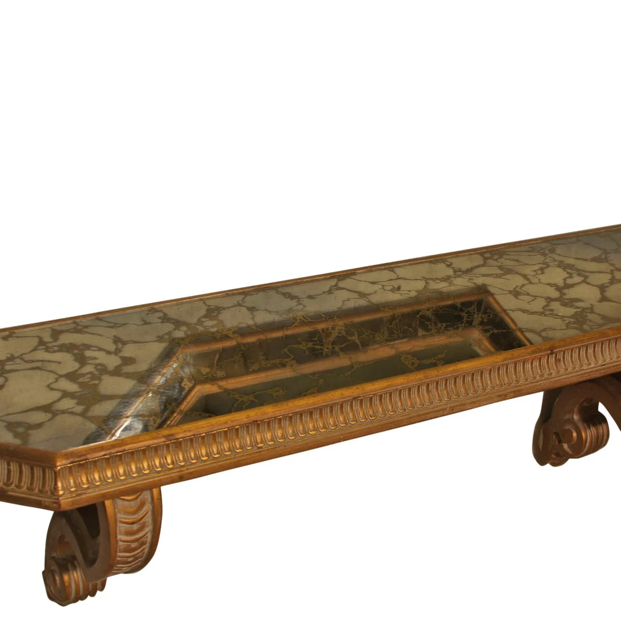 Vintage Mid-Century French Giltwood, Antiqued Beveled Glass Octagonal Overlay Wall Mirror and Hanging Console - Image 6