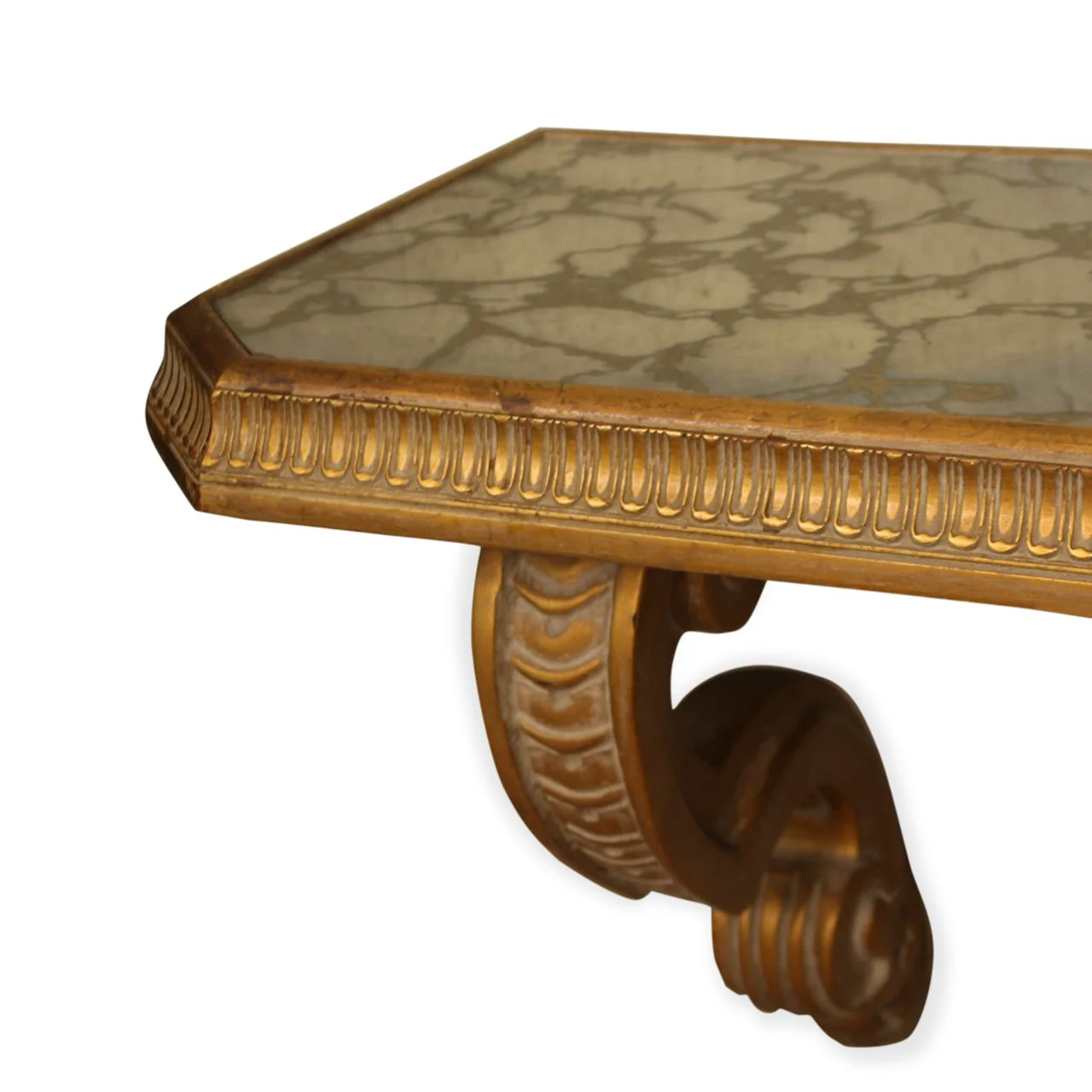 Vintage Mid-Century French Giltwood, Antiqued Beveled Glass Octagonal Overlay Wall Mirror and Hanging Console - Image 7